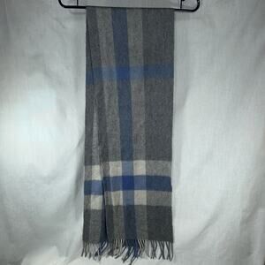 Pure Cashmere Gray, Blue & White 3” Fringed Scarf NWOT Price $110